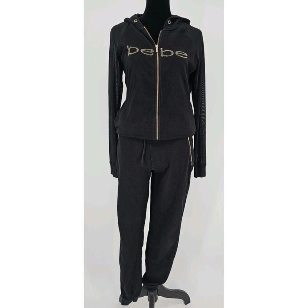 Y2K Bebe Track Suit Small Black Gold Rhinestone Logo Sheer Arms And‎ Leg Panel